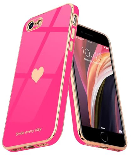 Teageo for iPhone SE 2022 Case iPhone 8 iPhone 7 iPhone SE 2020 Phone Case Cute Heart Pattern for Women Girls Slim Luxury Bling Plating Soft TPU Shockproof Bumper for iPhone 7/8/SE 2/SE 3, Hot Pink