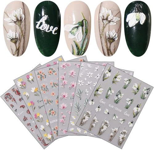 JMEOWIO 6 Blatt 3D Nagelsticker Frühlings Blume Nail Art Sticker Selbstklebend Nagelaufkleber 5D Stereoskopisch Bunte Sommer Blumen Dekoration Nageldesign Zubehör