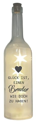 WB wohn trends LED-Flasche mit Motiv, Glück ist einen Bruder wie Dich zu haben, grau, 29cm, Flaschen-Licht Glitzer-Flasche Leuchtflasche Lampe mit Text Spruch