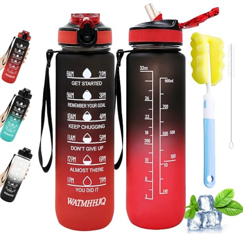 WATMHHJQ Trinkflasche 1L mit Stroh, BPA-frei, Auslaufsicher,Tritan Sportflasche für Fitness,Wandern & Büro- Schwarz Rot