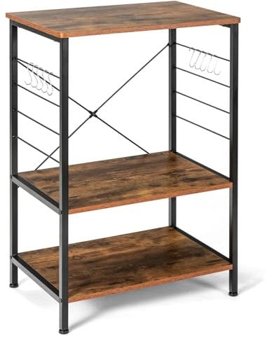 GiantexUK 3-Tier Kitchen Baker’s Rack, Freestanding Microwave Oven Stand with 10 Metal Hooks & Adjustable Foot Pads, Industrial Metal Frame Storage Cart Shelf for Dining Room Office