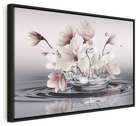 B&D XXL Bilder mit Rahmen 90x60 cm Wandbilder groß Leinwandbild XXL schwarzer Holzrahmen modern Wanddekoration Kunstdruck Wanddeko Wohnzimmer Schlafzimmer Magnolie Zen Spa Wasser