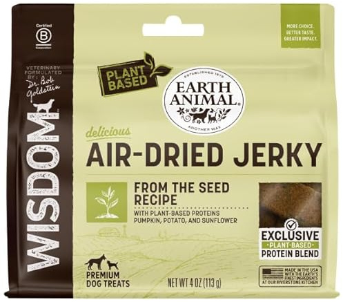 Earth Animal Wisdom Air Dried Jerky - From the Seed Recipe Premium Natural Plant Based Jerky Strips Dog Treats - 4 oz Bag