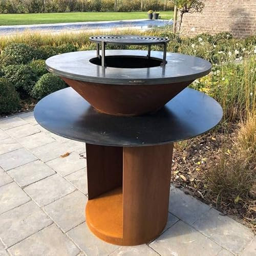 L'Héritier Du Temps Braséro Rondo Ø82.5cm Actuel Acier Corten Plancha Ronde à Bois Barbecue Personnalisable 82,5x82,5x106,2cm