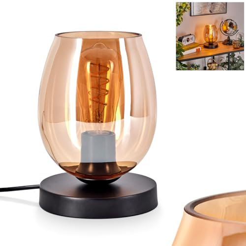 Tischleuchte Koyoto, Tischlampe aus Metall/Glas in Schwarz/Bernsteinfarben, Leuchte im modernen Design mit Schirm aus Glas (Ø 15 cm) u. An/-Auschalter am Kabel, 1 x E27, ohne Leuchtmittel
