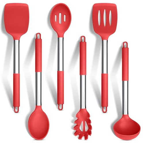 HaWare Kitchen Utensils Set, 6 Pcs Silicone Cooking Utensils Include Ladle Turner Spoon Pasta Server, Heat Resistant Kitchen Tools with Stainless Steel Handle, Non-Stick Cookware Friendly - Red