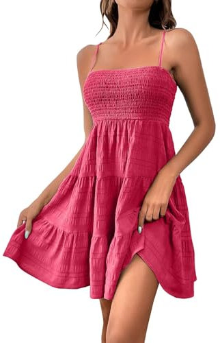 AMDOLE Robes en lin pour femme - Bretelles fines - Couleur unie, rose vif, S