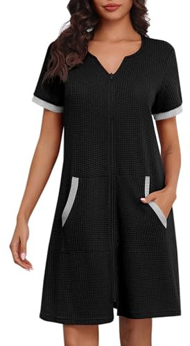 Ekouaer Women Zipper Robe Waffle Short Sleeve Bathrobes Lightweight Knee Length Housecoat with Pockets (Black, Medium), Black, Medium