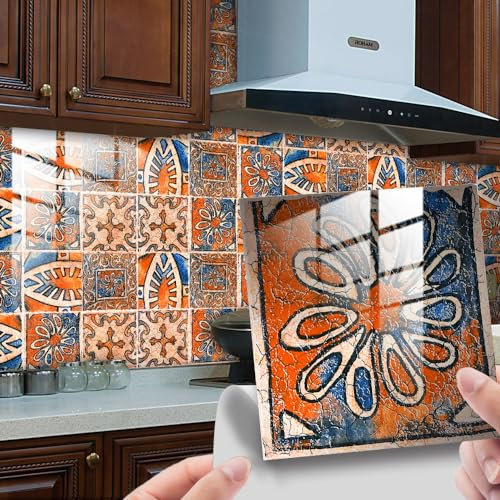 15x15cm Retro Orange Blue Self Adhesive Tiles - Vinyl Waterproof Oil-Proof Stickers for Kitchen Bathroom Wall Decoration (10 Pcs)