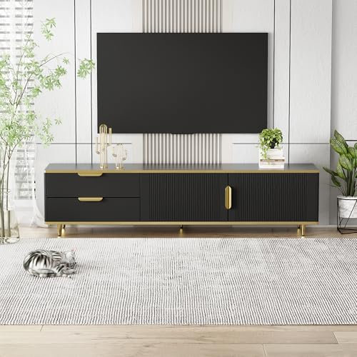 Ymkua TV Schrank, TV Lowboard, TV Möbel mit Türen und Schubladen, Fernsehtisch mit Stauraum, TV-Ständer mit Goldenen Griffen und Füßen, TV Tisch, Fernsehschrank für Wohnzimmer, 175x40x45 cm (Schwarz)
