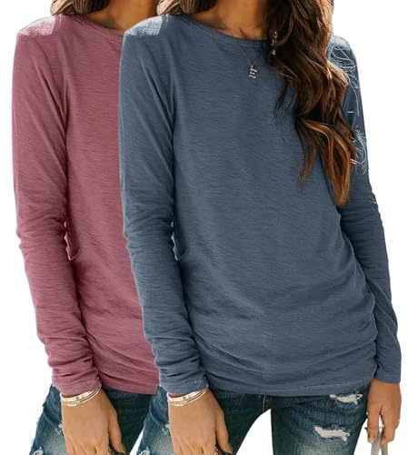 YUTILA T-shirt à manches longues pour femme, 95 % coton, col rond, uni | T-shirt basique doux décontracté à manches longues