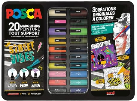 POSCA Mitsubishi Pencil – Koffer Street Vibes – Set mit 20 Acrylmarkern für jeden Untergrund – 3 Originalkreationen zum Ausmalen – Künstlertipps – extra feine, feine und mittlere Spitze