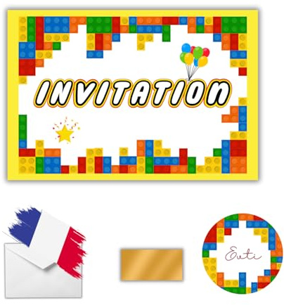 EVTI Cartes d’invitation anniversaire à gratter Thème briques colorées, Invitations Anniversaire blocs des constructions pour fille et garçon en Français, Cartes créative jeu de construction enfants