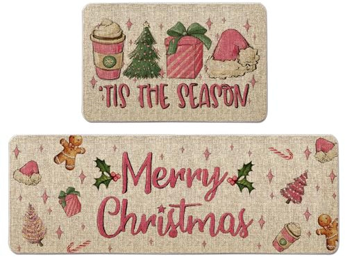 Tian Zhun Weihnachts-Küchenmatte, rosa Weihnachts-Küchenteppich, 2er-Set, weihnachtliche Bodenmatte für die Feiertage, Bauernhaus, Zuhause, Küche, Badezimmer, Dekoration – 43 x 70 und 43 x 120 cm