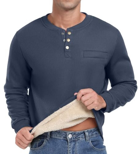 Sailwind Herren Henley Sweatshirts Mit Plüsch Waffel Langarm T Shirt Warm Thermo-Oberteile Lässiger Winter Pullover Sweater Für Männer (Marineblau, L)