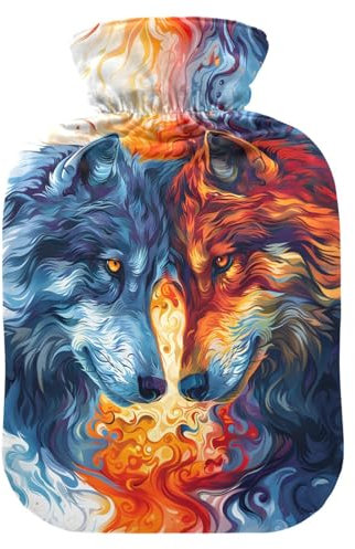 Wärmflasche, 2 l, großer Wärmbeutel mit weichem Plüschbezug, Wölfe, zwei Gesichter, auslaufsicherer Schraubverschluss, ideal für Wintersport, Outdoor, Rücken, Nacken und Bein, kalte Muskelschmerzen