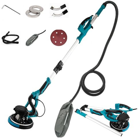 Levigatrice per Muri, Levigatrice Pieghevole 850W con Manico Telescopico Ripiegabile, 5 velocità Variabile 800-1800 Giri/min, Levigatrice su Asta Luce LED 360° e Dischi da 215mm