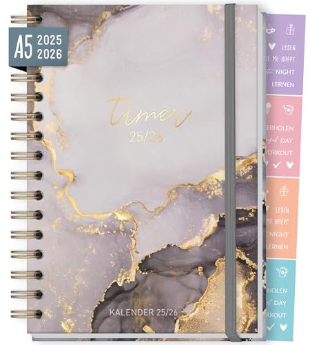 Häfft-Timer Fancy 2025/2026 A5 Grey Marble Schülerplaner mit Hardcover und Spiralbindung für Oberstufe, Ausbildung, Studium, Laufzeit Aug 2025 - Sep 2026 – nachhaltig & klimafreundlich