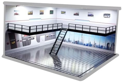 Oshhni 1/64 Garage pour Modèles Réduits,Plateau d'Exposition avec LED,Garage Miniature avec Couvercle Anti-Poussière,Diorama pour Collectionneurs de Voitures Miniatures,Ville Élégante