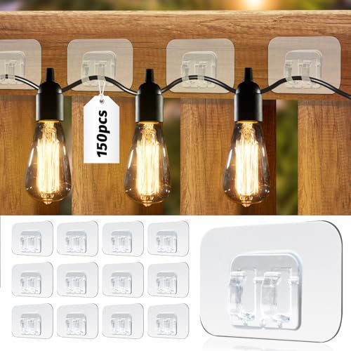 150PCS Self Adhesive Cable Clips, Cable Tidy Clips, Sticky Wire Tidy Outdoor Lights Hooks Cord Organiser Holder, Wire Wall Clips Management for Garden Festoon Decorations Christmas String Light