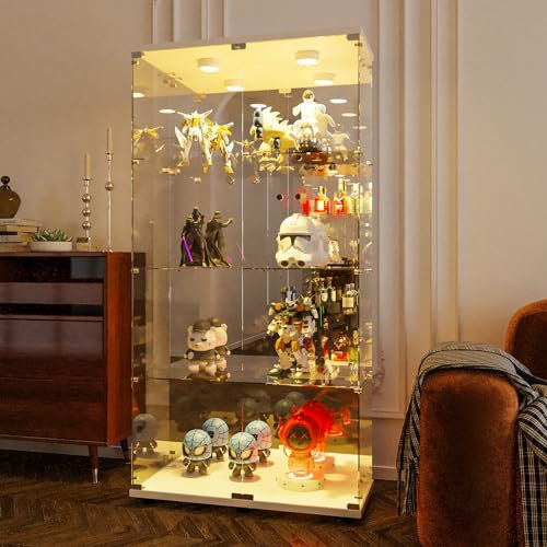YLSZHY Vitrine aus Glas mit 2 Türen und LED-Beleuchtung, Vitrine mit 4 Ebenen, abschließbar, mit Spiegelboden, unabhängiges Bücherregal für Wohnzimmer und Schlafzimmer, weiß