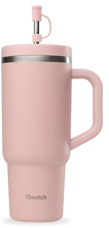 QWETCH - Travel Cup 900ml avec Paille & Anse - 48h Glacé / 12h Froid - Gourde Isotherme Inox Recyclé - Mug avec Bouchon à Vis Anti-Éclaboussures - Tasse Thermos - Rose Pastel