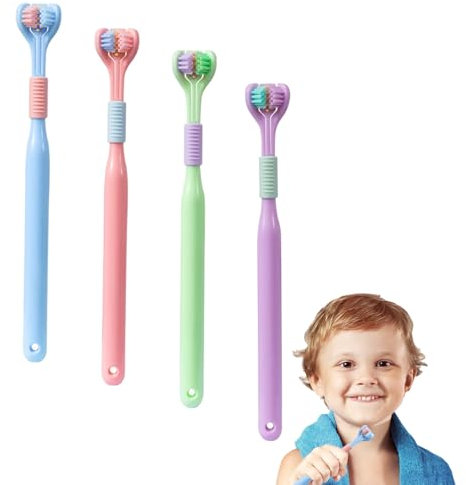 Thoquene 4 Stück Triplebrush für Kinder 1-14 Jahre, Triple Brush Kinder, Dreiseitige Zahnbürste