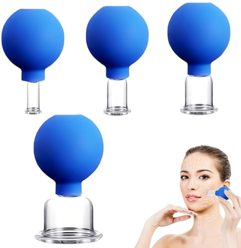 Lot de 4 ventouses en verre avec boule d'aspiration en silicone, 4 tailles, massage du visage contre les tensions et la cellulite, détoxification, peau raffermie (bleu)