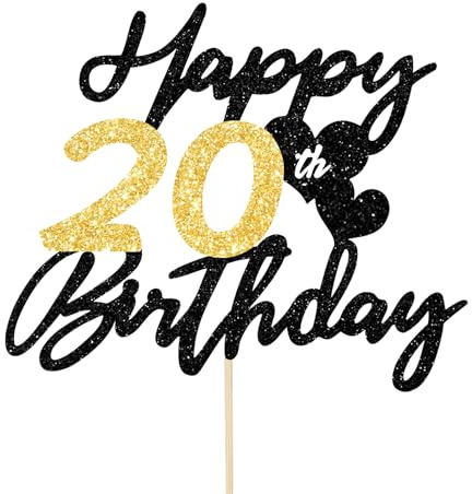 Gleevio Tortendeko 20 Geburtstag Mann Frau,Glitzer Happy 20th Birthday Kuchen Deko,Cake Topper 20 Geburstag Deko, Alles Gute zum Geburtstag 20 Jahre Tortendeko,2005 Kuchen Topper 16cm Schwarz Gold