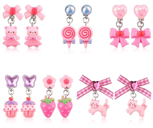 6 Paar Ohrclips für Mädchen, Ohrstecker-Set Ohne Ohrloch mit Ohrpolstern Süßes Schmetterlings-Kaninchen-Regenbogen-Design Ohrclips für Kinder Ohne Loch Schmuck als Geschenk
