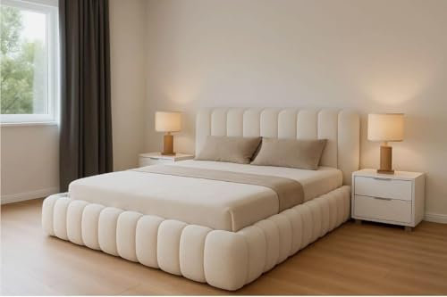 Luxury Cloud Teddy Boucle Ottoman Storage Bed Frame, Double Size, Panel Headboard, Modern Style, Upholstered Fabric, 220 x 199 cm (Cream, 5ft king size)