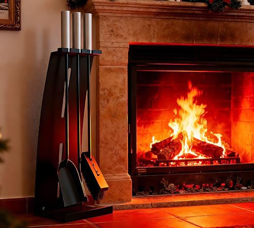 Kingson - Juego de 4 utensilios para chimenea con mangos de acero inoxidable – Juego moderno de accesorios para chimenea con soporte – Altura de 54,5 cm