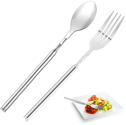 2Pcs Stainless Steel Extendable Fork and Spoon Set, Rustproof Telescopic Long Fork Extendable Spoon, Sturdy Retractable Tableware Extends to 25 Inch for BBQ Fruit Dessert Dinner