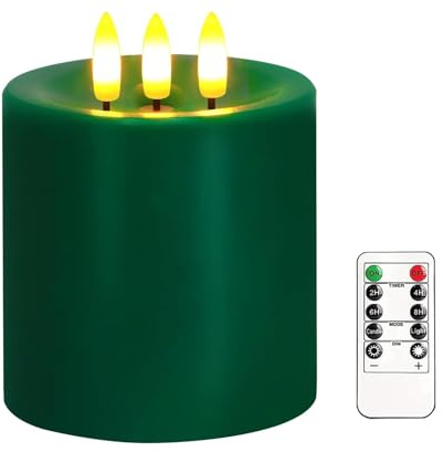 AVEKI 4x4 Flameless Flickering Candles, Large 3 Wick Real Wax LED Candles with Remote & Timer, Battery Operated Pillar Candle for Wedding Party Christmas Home Decoration (Green)