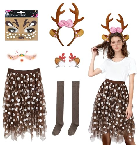 SPERMUOY Reh kostüm damen,6 Stück Weihnachts damen reh kostüm Rentier Haarreif und Tüllrock Temporäre Tattoos Socken,Rentier kostü-m frauen für Fasching Weihnachten Motto Party-M