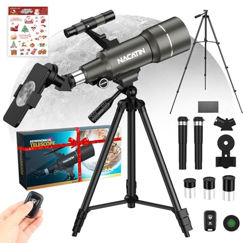 Telescope for Kids & Beginners, NACATIN 70mm Aperture Astronomical Refractor Telescope with Tripod, Phone Adapter, Wireless Remote, Ideal for Children & Adults (Grey)