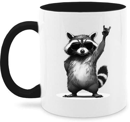 Tasse Tassen 325ml - Retro Waschbär Rocker lustig I Lustiges Rock Musik Geschenk Waschbären I Funny Rock Star Raccoon Geschenk Metal Racoon - 325 ml - Schwarz - mit