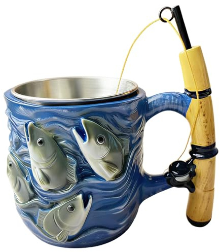 LUMIREX Fishing Mug for Hot or Cold Drinks, Rod and Reel Design Papa Gifts, Stainless Steel Resin Material with Packaging Box, Fishing Gifts for Men, Novelty Mug for Dad Fisherman Fishing Lover
