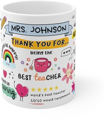 Personalised Teacher Mug, Thank You Teacher Gift, Custom Name Mug for Teachers, Nursery Teacher Cup, End of Term Classroom Gift, Cute Best Teacher Mug (White 11oz, Mug)