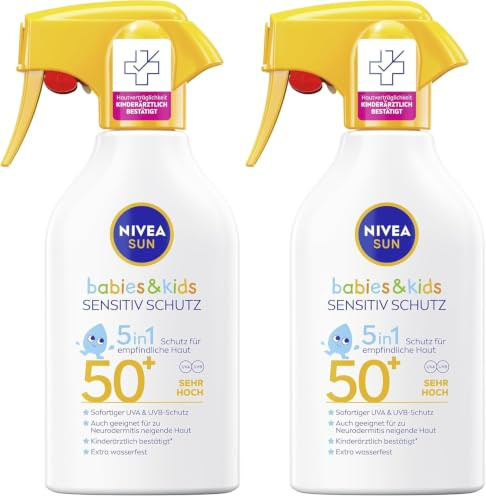 NIVEA SUN Babies & Kids Sensitiv Schutz 5in1 Sonnenmilch LSF 50+, extra wasserfestes Sonnenlotion als Spray mit LSF 50+, Sonnencreme für Kinder ohne Parfüm (250 ml) (Packung mit 2)