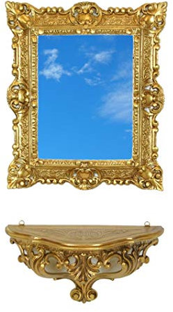 Idea casa Konsolenregal vergoldet + Spiegel aus Kunstgold im Vintage-Stil Barock - Spiegel 45 x 37 cm