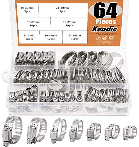 Keadic 64Pcs 304 Stainless Steel Range Worm Gear Hose Clamps Assortment Kit(8-38mm),Adjustable Fuel Line Clamp for Water Pipe, Plumbing, Automotive and Mechanical Application