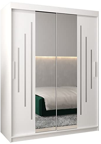 MEBLE KRYSPOL York 1 150 Schlafzimmerschrank mit Zwei Schiebetüren, Spiegel, Kleiderstange und Regalen – 150x200x62cm - Mattweiß