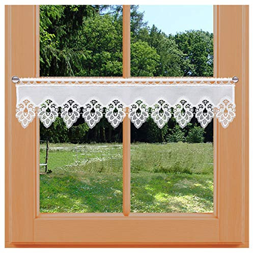Feenhaus-Scheibengardine Jette Vogtländische Spitze - Landhaus-Kurzstore mit Ornament-Stickerei | klassisch-modernes Panneaux weiß | edler Scheibenhänger handgefertigt | Höhe x Breite 20 x 67 cm