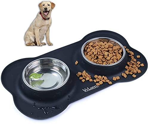SeeKool Dog Bowls Non-Spill Silicone Bone Shape Tray Double Stainless Steel Bowls for Medium Dogs Water Food Feeding, Collapsible Removable, Heightened Edge for Messy Eaters (L)