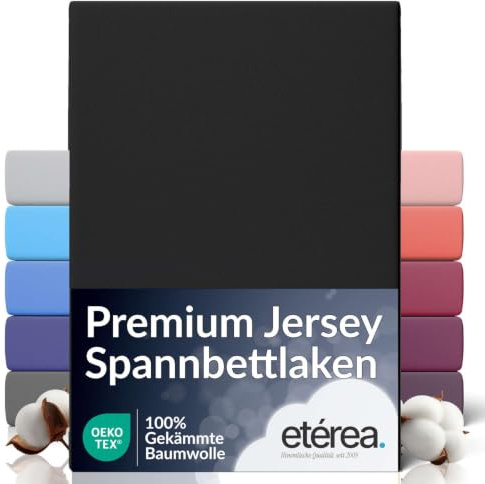 etérea Jersey Spannbettlaken Premium 180x200-200x200 cm Schwarz Rundumgummi | 160 g/m² gekämmte Baumwolle Spannbetttuch · Rundumgummizug · bügelfrei & farbecht · OEKO-TEX Made in Green