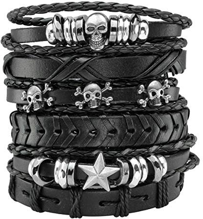 Eigso 6 Pcs Lederarmband Geflochtenes Breites PU Leder mit Schädel Stern Damen Herren Punk Schwarz