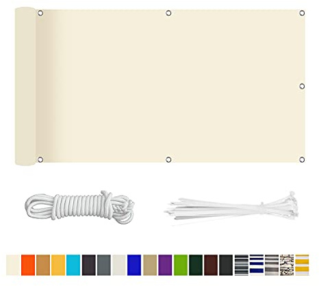 HERILIOS Balkon Sichtschutz, Balkonabdeckung 220 g/m² Innen Balkonverkleidung UV-Schutz (210Größen&21Farben) Ohne Bohren mit Ösen Kabelbinder und Kordel für Balkongeländer Terrasse,85X500CM Creme