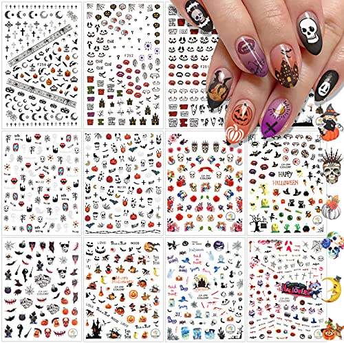 EBANKU 12 Sheets Halloween Self-Adhesive Nail Stickers | Pumpkin, Skull, Ghost, Bat, Grave 3D Decals for Party Decorations