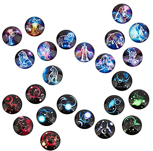 SUNNYCLUE 1 Box 24 Stück 12 Konstellations-Glascabochons Halbrund Sternzeichen Muster Flatback Charms Astrologie Horoskop Kuppel Edelsteine Für Die Schmuckherstellung DIY Halskettenzubehör 25 mm
